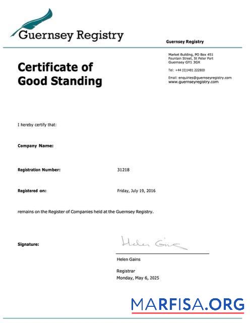 Blank Guernsey certificate of good standing Word and PDF template
